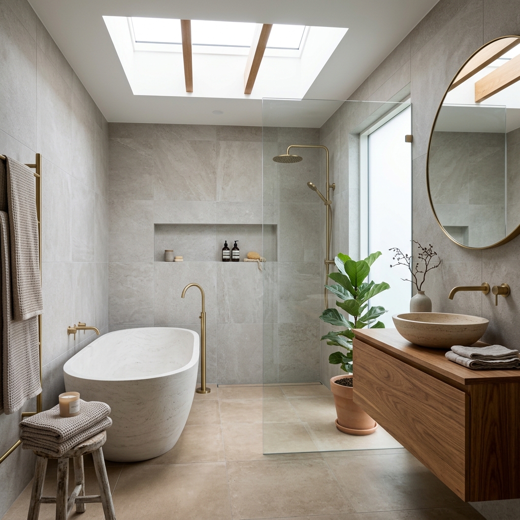 Modern spa-like bathroom designed by Shape My Home